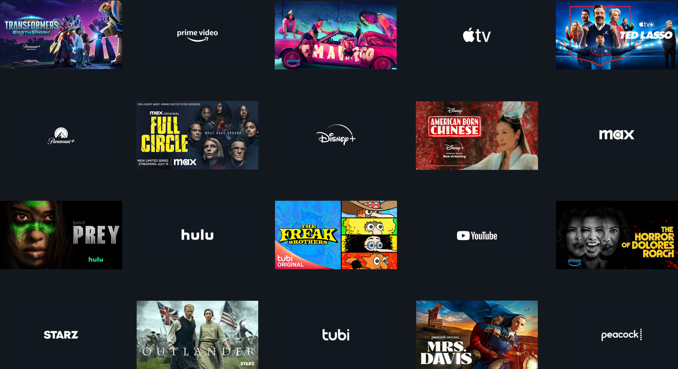 Collage en cuadros de escenas de varias series con logotipos de servicios de streaming como Prime Video, Hulu, Apple TV, Max.
