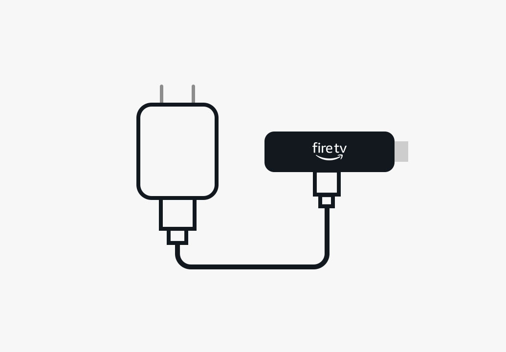 Ilustración de Fire TV Stick: Dispositivo compacto con un conector HDMI en un extremo y una toma USB-C lateral, con un cable de alimentación conectado a la televisión y a un enchufe.