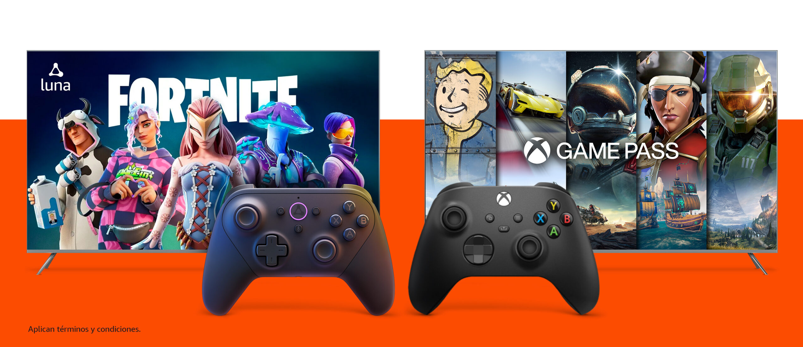 Una televisión de HD muestra la pantalla promocional del juego “Fortnite”. Un control de juego Luna está situado frente a la televisión de HD.