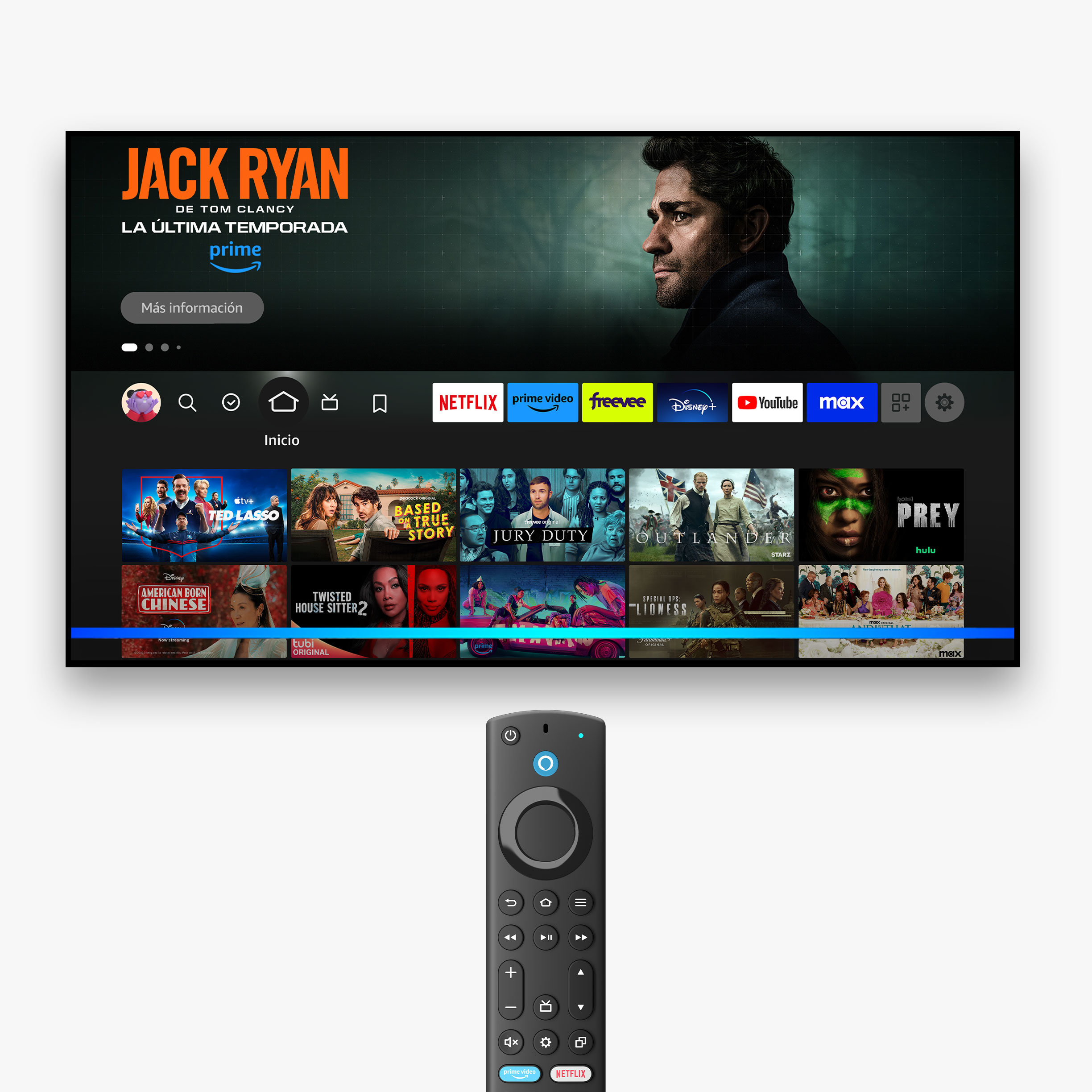 Una televisión inteligente muestra la pantalla de Inicio de Prime Video. Una barra azul se extiende para indicar que el control por voz con Alexa está activado. Debajo de la televisión hay un control remoto por voz Alexa | Enhanced de Fire TV.